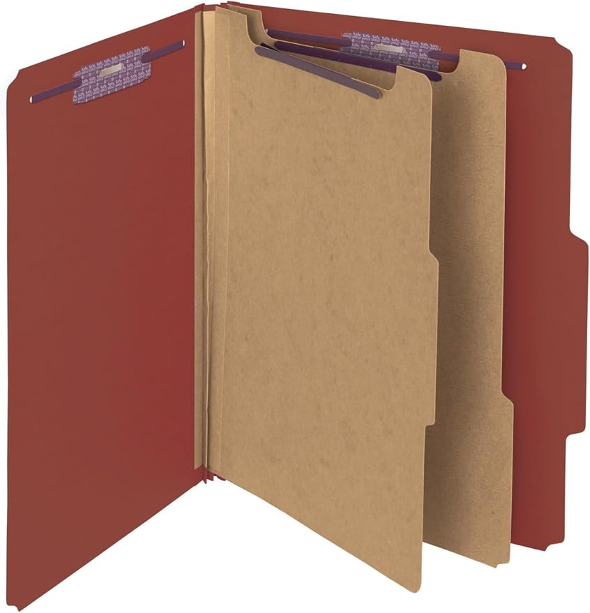 Smead Pressboard Classification File Folder with SafeSHIELD Fasteners, 2 Dividers, 2" Expansion, Letter Size, Red, 10 per Box (14073) by SMEAD