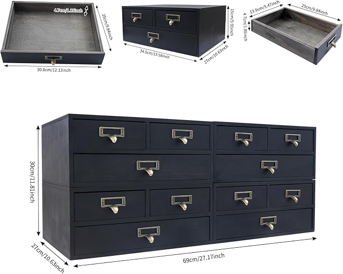 Stackable 4 Pack Pine Wood Desktop Storage Organizer with 3 Drawers, Brown Tabletop Drawer Box with Metal Handles, Space Saving for Office Study Living Room Coffee Bar (Black) - Image 3