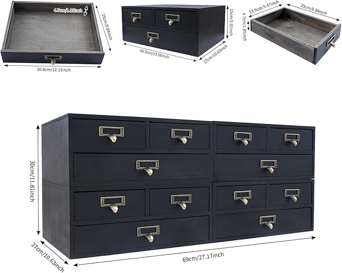 4-Piece Desktop Organizer Set with 3 Drawers, Wood & Metal Drawer Storage, Wooden Desktop Organizer for Store Cosmetics, Jewelry, Letters, Papers, Tea Bags, Sugar Packets (Black) - Image 3