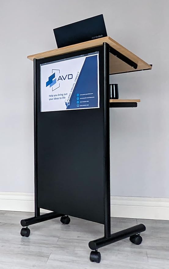 Wheeled Lectern - Standing Desk with Storage Shelf - Beech/Black - Ideal for Presentations and Laptop Use - Image 2