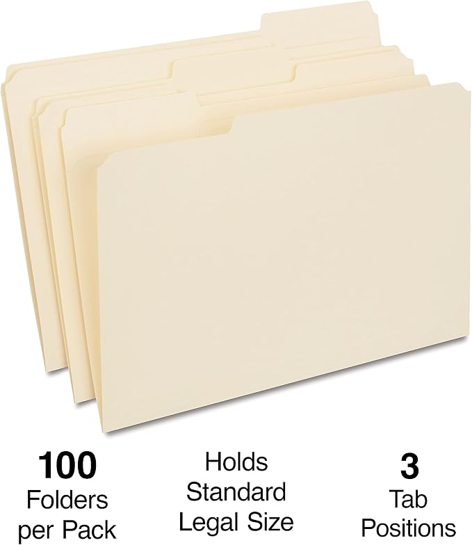 Staples Reinforced File Folder, Legal Size, 1/3‑Cut Tab, Manila, Durable Construction, 200/Carton - Image 2