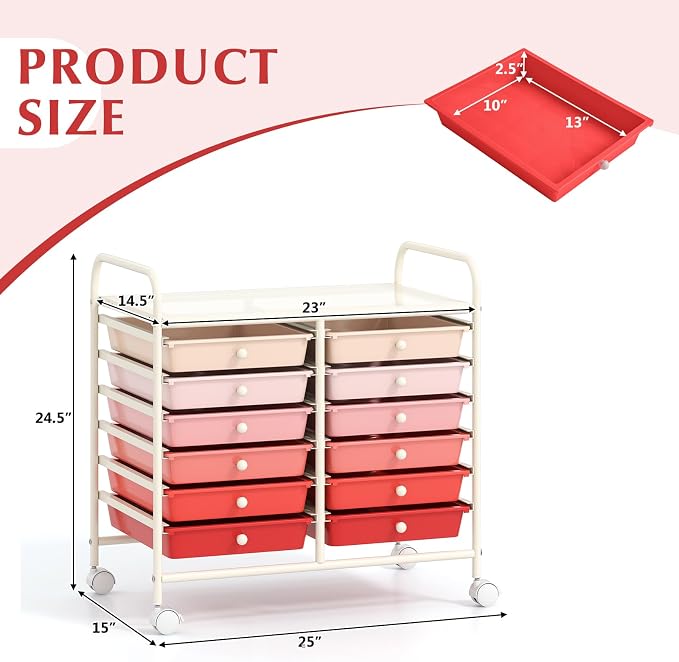 GOFLAME 12-Drawer Rolling Storage Cart, Multifunctional Art Craft Organizer Cart, Mobile Utility Storage Cart with Removable Drawers & Lockable Wheels, Craft Cart for Home Office School, Pink Gradient - Image 3