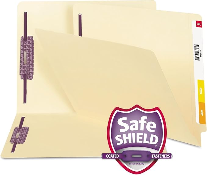 Smead End Tab Fastener File Folder with SafeSHIELD Fasteners, Shelf-Master Reinforced Straight-Cut Tab, 2 Fasteners, Letter Size, Manila, 50 per Box (34117) (Pack of 5) by SMEAD