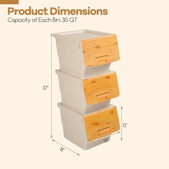 GIANTEX 3 Pack Plastic Stackable Storage Bins with Lids & Wheels, 35 QT | Open Front Stacking Bins, Organizer Bins for Pantry, Kitchen, Laundry, Closet, Playroom, Bedroom Organization - Image 8