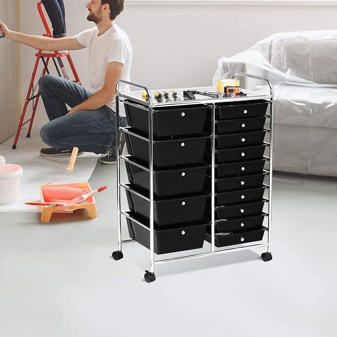 COSTWAY 15 Drawer Rolling Storage Cart, Mobile Utility Cart with Lockable Wheels, Drawers, Multipurpose Organizer Cart for Home, Office, School, Black - Image 7