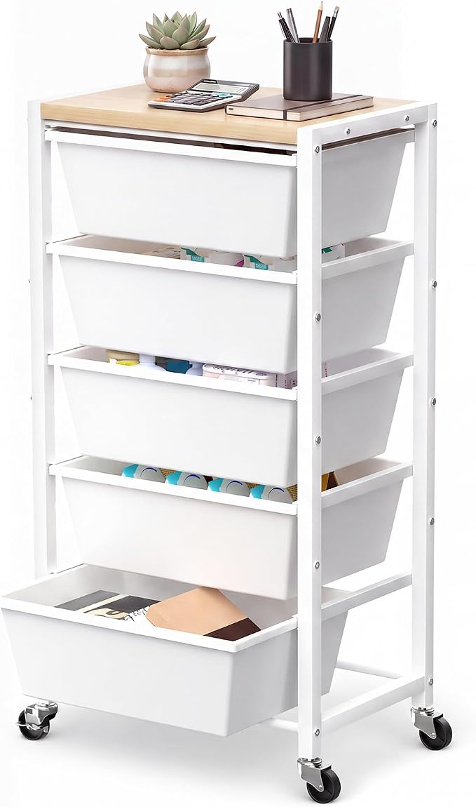 Rolling Cart with 5 Drawers, Plastic Drawer Storage Carts with Wheels & Wooden Tabletop, Metal Utility Cart for Office Bedroom Living Room Classroom, Craft Organization and Storage, White by TimeForest