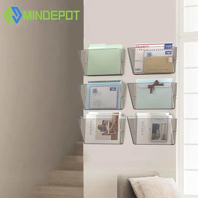MINDEPOT 6 Pockets Acrylic Wall File Organizer, Clear Wall File Holder, Plastic Hanging Wall File Holder for Office, School and Home, Smoky - Image 2