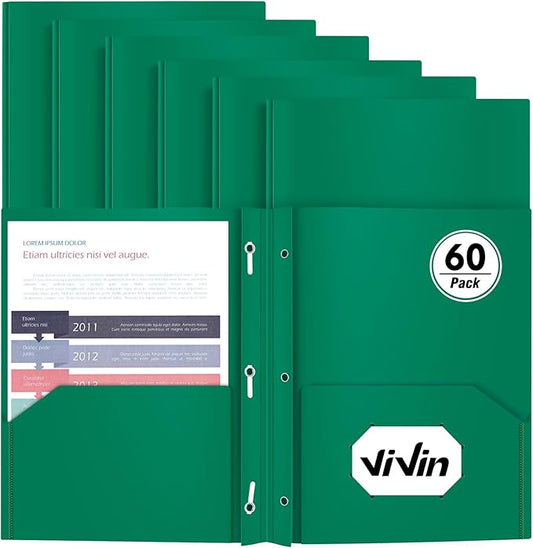 Heavy Duty Plastic Folder, 60 Pack, Pocket Folder with brads, Letter Size Poly File, Plastic Folders with 3 Prongs Fasteners - Green by ViVin