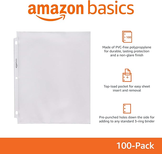 Amazon Basics Sheet Protectors for 3 Ring Binder, Non-Glare, Top Loading, Letter Size 8.5 x 11 in, Clear Plastic Sleeves, 100-Pack - Image 2