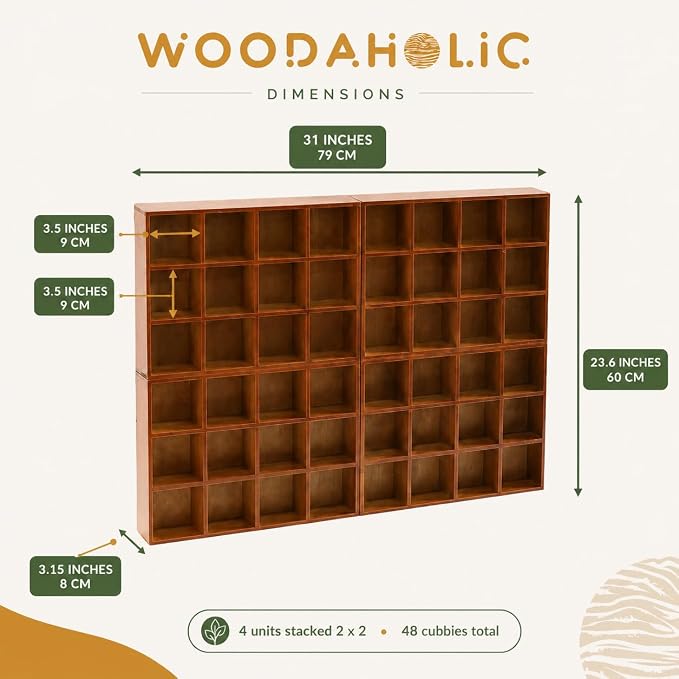 48-Compartment Wood Trinket Shelf, 4-Pack Stackable Cubby Curio Cabinet, Wall Mounted or Freestanding Display Shelf for Figurines, Miniatures, Shot Glasses, Knick Knacks & Small Collectibles - Image 2
