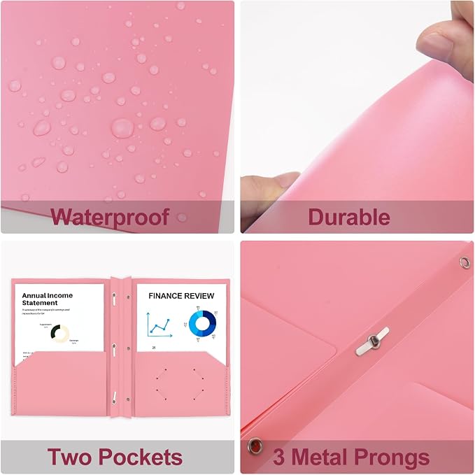 ViVin 12-Pack Durable 3-Prong Plastic Folder, Heavy Duty Pocket Folder with Brads, Pastel Color, Letter Size Poly Folders with 2 Pockets, Cute Folders for Kids, Students, Teachers and Officer (Pink) - Image 5