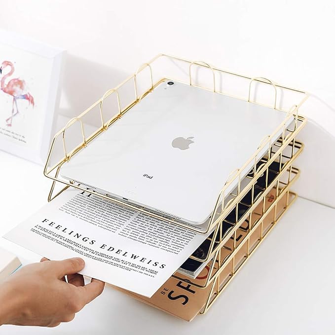 Jolitac Rose Gold 4-Tier Stackable Paper Tray Desk Organizer, Workspace Decorative Stacking Rack Supplies Holder, Metal Letter Trays for File Documents in Home & Office (Gold) - Image 3