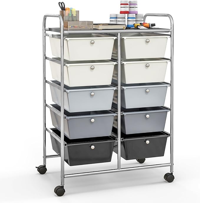 Giantex 10 Drawers Rolling Cart, Classroom Organizers, Storage Cart with Wheels, for Teacher Office Home School Supplies Tool Craft Art Paper, Gray Gradient by Giantex