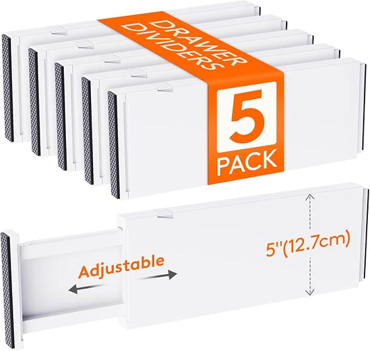 Lifewit 5" Tall Upgrade Drawer Dividers, Adjustable Deep Drawer Organizer | 13.5"-22" Expandable White Drawer Separator for Clothes, Dresser/Kitchen/Closet/Bedroom/Office Organization & Storage, 5 Pack by Lifewit