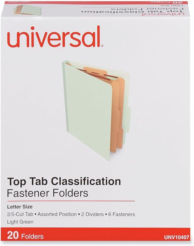 Six-Section Classification Folders, Heavy-Duty Pressboard Cover, 2 Dividers, 6 Fasteners, Letter Size, Light Green, 20/Box - Image 2