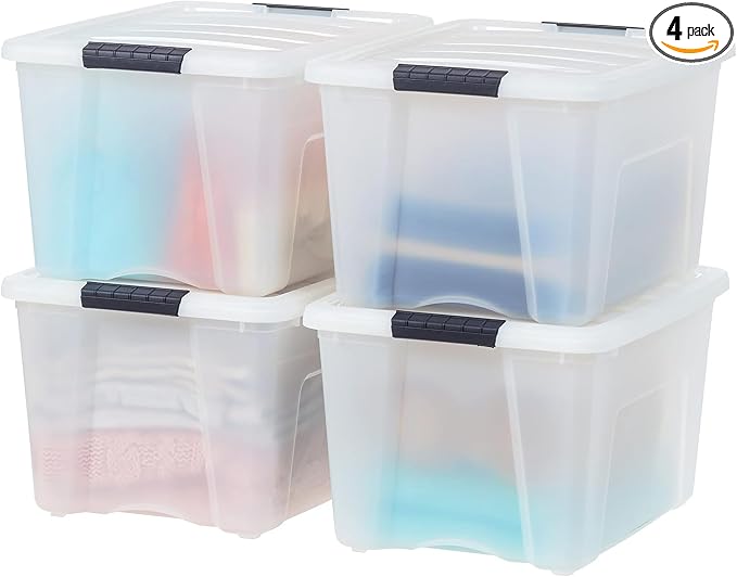 IRIS USA 4-Pack 40 Quart Storage Bins with Lids, Pearl | Conceals contents for a clean look. Perfect for moving, blankets, clothing, and garage storage. Nestable design saves space by IRISUSA