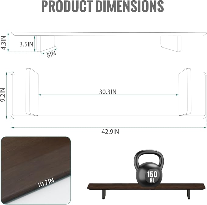 EXPERLAM Solid Wood Dual Monitor Stand Riser, 43 Inch Rubberwood Desk Shelf for Top of Desk, Wood Monitor Stand for Desk 2 Monitors up to 27", Desktop Organizer for Laptop, TV, Printer - Image 3