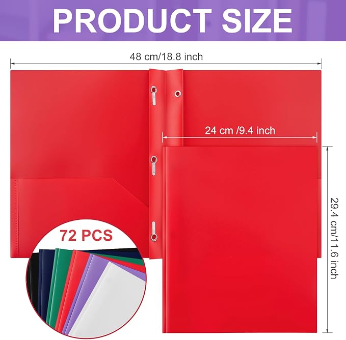 Cholemy 72 Packs Pocket Folders with Prongs Heavy Duty Plastic Folder with Business Card Slot 3 Prong Fasteners for School Office (Dark) - Image 2