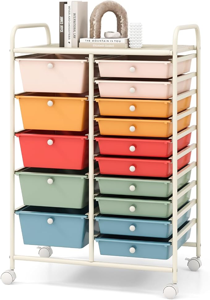 COSTWAY 15 Drawer Rolling Storage Cart, Mobile Storage Organizer | Removable Drawers & Metal Frame, Multipurpose Utility Tools Paper Organizer on Wheels for Home, Office (Macaron) by COSTWAY