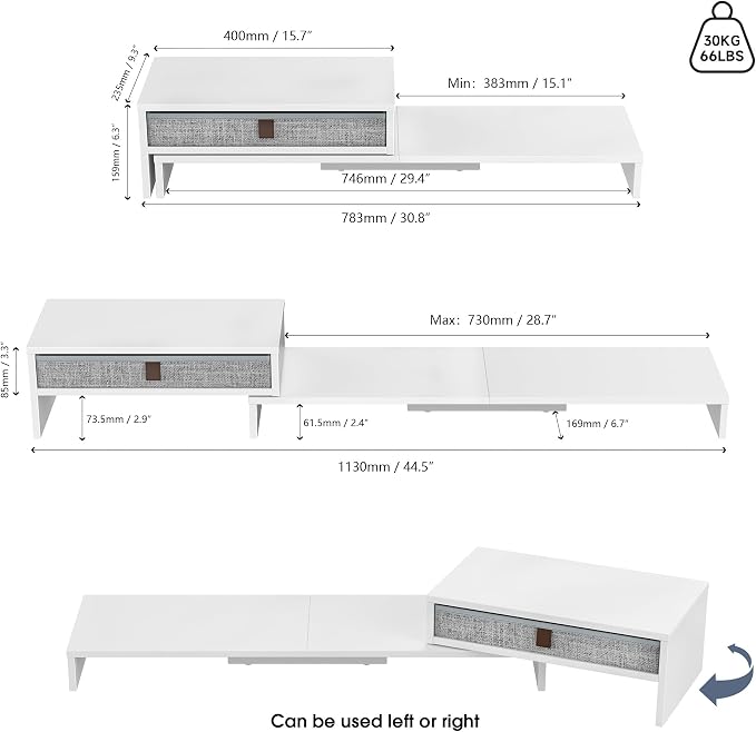 Fenge Triple Monitor Stand with Srorage Drawer, Adjustable Length and Angle | Computer Monitor Riser for 2 or 3 Monitors, Wooden Desktop Laptop Stand, Office Organizer for PC, Screen, Tablet, White - Image 5