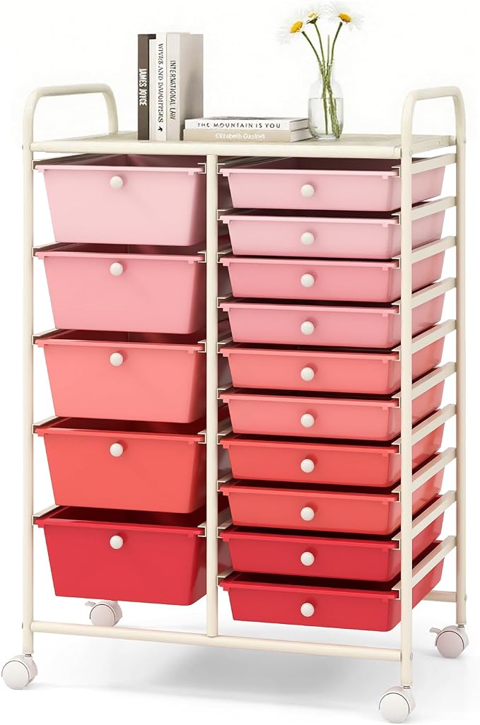 DORTALA 15-Drawer Rolling Storage Cart with Drawers, Rolling Utility Cart w/Removable Drawers & Universal Wheels, Tools Scrapbook Paper Organizer for School, Office, Home, Classroom (Gradient Pink) by DORTALA