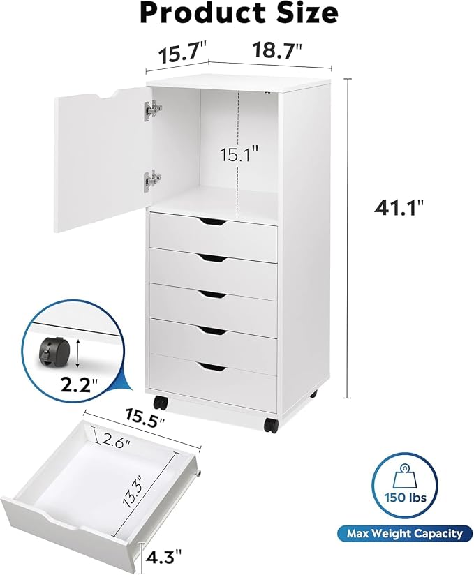 DEVAISE 5 Drawer Cabinet with 1 Door, Mobile Office File Cabinet, White | Wood Rolling Cart, Filing Drawers, Craft Storage Drawer Cabinet, Printer Stand, Home Office - Image 3