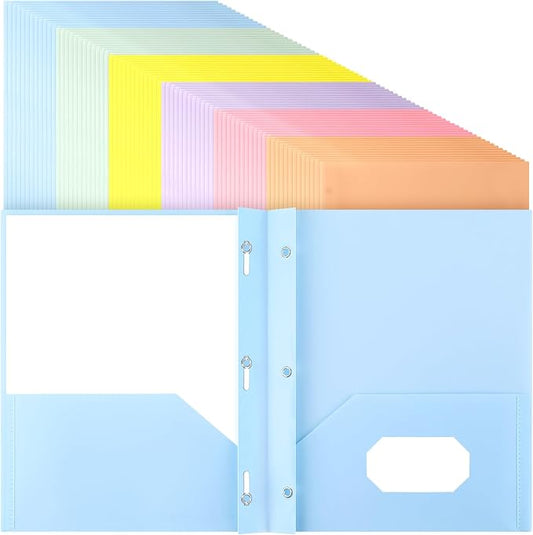 Cholemy 72 Packs Pocket Folders with Prongs Heavy Duty Plastic Folder with Business Card Slot 3 Prong Fasteners for School Office (Vibrant) by Cholemy