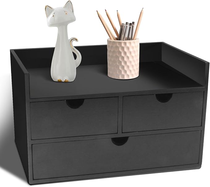 Charmewooden Bamboo Desk Organizer 3 Drawer with Shelf, Countertop Organizer with Drawers Makeup Storage Drawer 3 Drawers Tabletop Storage Organization Box Home Office Workspace（Black） by Charmewooden