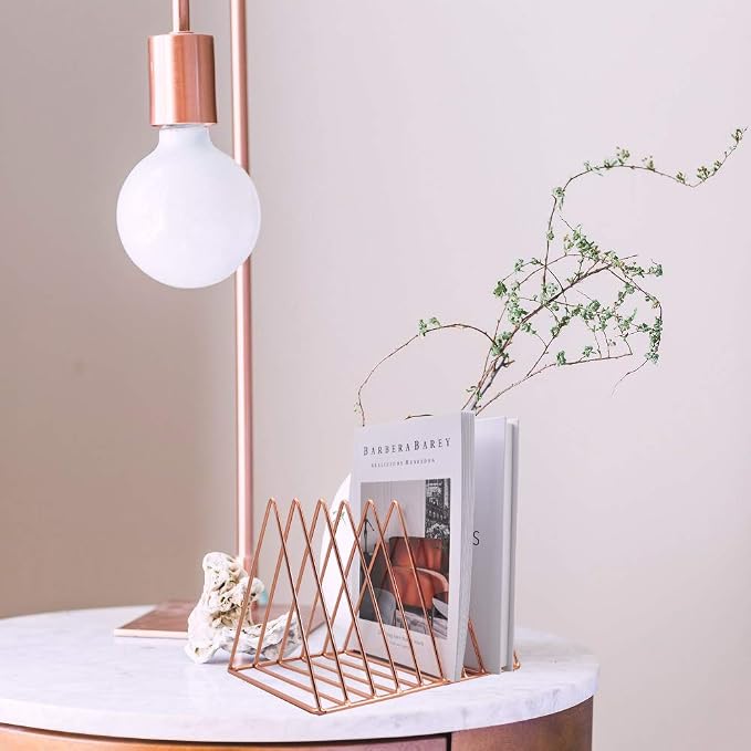 9 Slot Magazine Rack Book Record Holder, Desktop Iron Storage Rack Bookshelf Multifunction Triangle File Organizer Sorter for Decor Home Office, Rose Gold Pack of 2 - Image 6