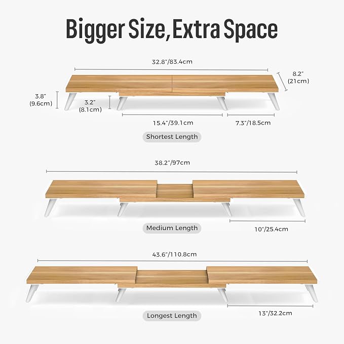 loukin Dual Monitor Stand Riser for Desk, 43.6" × 8.2" Computer Stand, Wood | Supports 22 lb, No Installation Required, Water-Resistant Surface, Fits Laptops and Printers, Ergonomic Design - Image 2