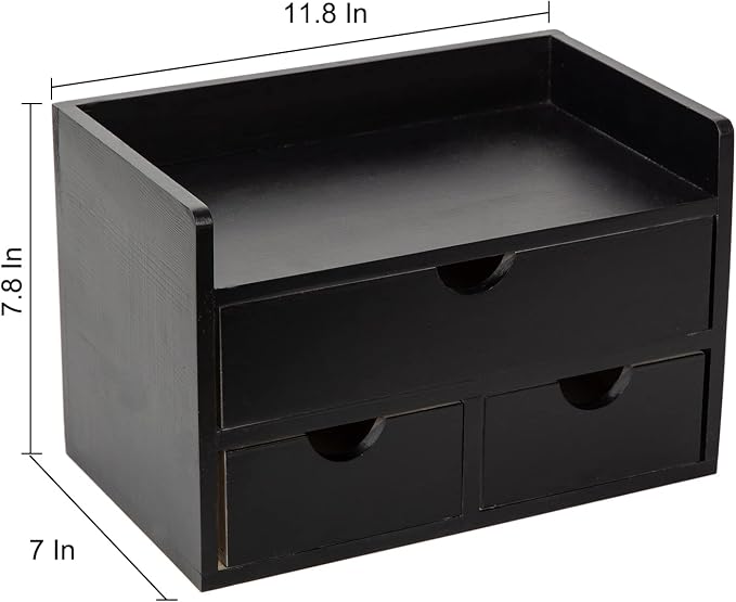 Black Bamboo Desk Organizer Wooden Storage Cabinet 3 Drawers with Shelf Tabletop Organization Box Home Office Workspace Bathroom Toiletries Supplies Caddy Vanity Makeup Stationery Holder - Image 3