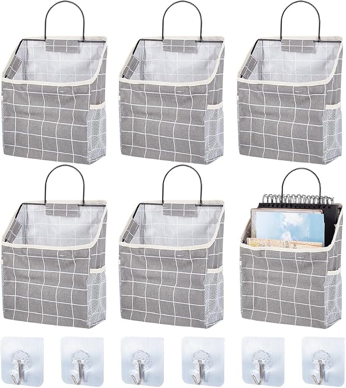 WADORN 6 Sets Wall Hanging Storage Bag, Multifunctional Door Closet Hanging Storage Basket with 6 Sticky Hooks Dorm Room Bedside Caddy Organizer for Bedroom Kitchen Bathroom, Grey by WADORN