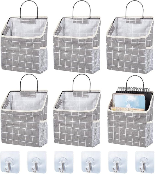 WADORN 6 Sets Wall Hanging Storage Bag, Multifunctional Door Closet Hanging Storage Basket with 6 Sticky Hooks Dorm Room Bedside Caddy Organizer for Bedroom Kitchen Bathroom, Grey by WADORN