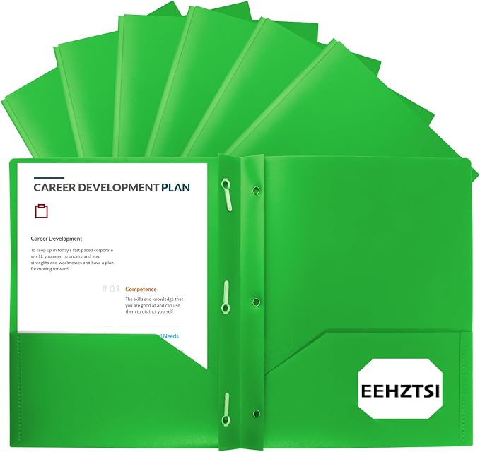 12-Pack Plastic Folders with Pockets and Prongs, 2-Pocket Poly Folders with 3 Fasteners Holds 8-1/2" x 11" Paper for School/Office/Home, Green by EEHZTSIOFFICE