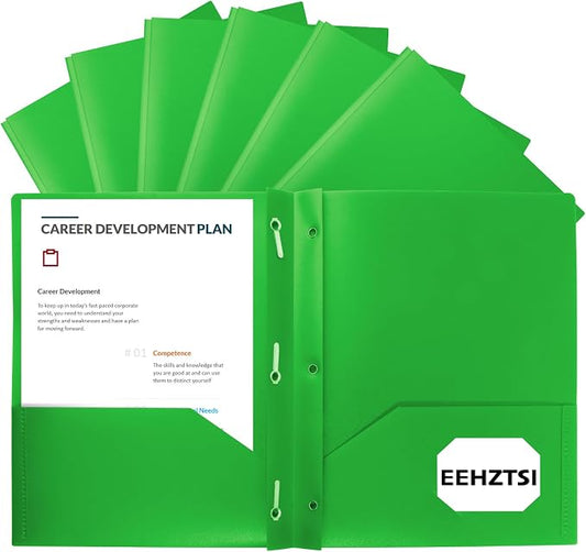 12-Pack Plastic Folders with Pockets and Prongs, 2-Pocket Poly Folders with 3 Fasteners Holds 8-1/2" x 11" Paper for School/Office/Home, Green by EEHZTSIOFFICE