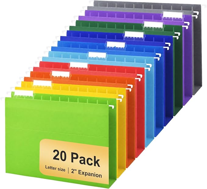 Hanging File Folders, 20 Pack Letter Size Hanging File folders with 1/5-cut Tabs, Stay Organized for Your Home and Office Bulk File, Documents and Paper, 10 Colors by YOPCDJ