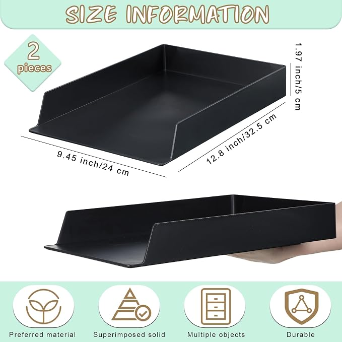 2 Pcs Stackable Paper Trays Rectangular Plastic Desk Holder Desktop Document File Organizer Storage Letter for Office Classroom (Black) - Image 3
