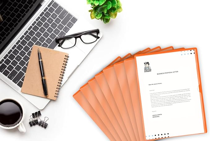 Doctor Stuff - 100 Pack L-Type Vinyl Plastic File Folders Letter Size, Orange Pocket Project Folders Clear Front, Documents Holder for Home, High School, Office and Medical Files - Image 5