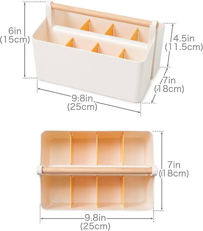 EZOWare Set of 4 Plastic Stackable Caddy Tote Set, Large Storage Organizer Bins w/Removable Compartment Divider & Handle for Makeup, Bathroom, Office, School, Crafts, Nursery - White and Orange - Image 2