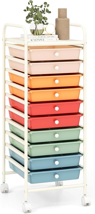 Storage Cart, Rolling Utility Cart with 10 Drawers, Portable Handles & Lockable Wheels, Mobile Paper Toys Storage Organizer Large Capacity for Home Office School Teacher (Macaron) by OFFICEJOY