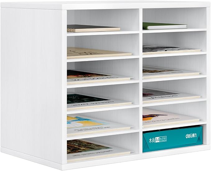 Countertop Mail Sorter Organizer, Wooden Literature Organizer, Student Mailbox for Classroom, Desktop Bill Organizer for Office Home School, 12 Compartments, White by PAG