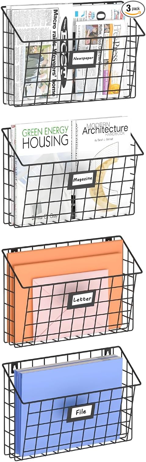 X-cosrack 4-Tier Hanging Wall File Holder Vertical Wall Mount Metal Wall File Organizer with Tag Slot Document Magazine Rack Mail Organizer for Office Home, Black by X-cosrack