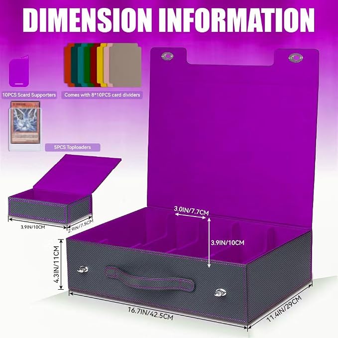 5-Row 3900+ Trading Card Storage Box for MTG, Card Deck Box with Snap-fit Design, 5 Card Sleeves, 10 Stoppers, 80 Dividers and 1 Dice Tray (Black-Purple) - Image 3