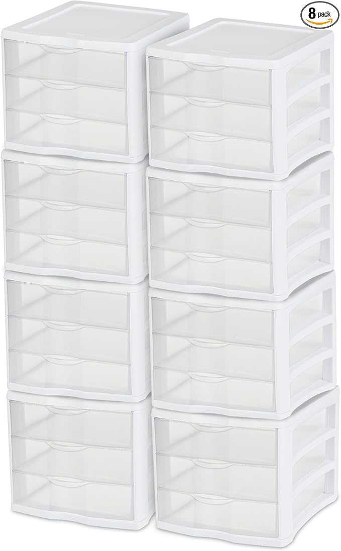 Sterilite 3 Drawer Organizer, Clear Countertop & Desktop Storage, 4 Pack | Organizing Plastic Storage Drawers and Containers for Home, Office, Desk, Clothes, Kitchen, and Pantry by Sterilite
