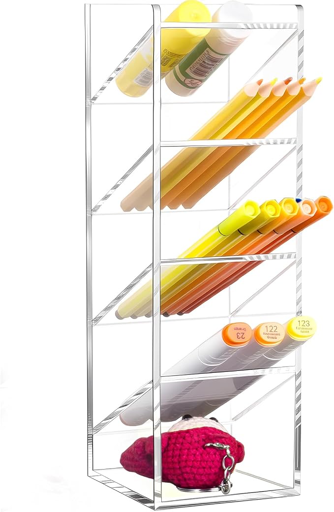 BEYGORM Acrylic Vertical Marker Organizer for 50 Markers, Desk Orgaizer | 5 Compartments Clear Angled Pen & Pencil Holder, Large Stationery & Art Supply Storage for School (10.2 x3.3 x 4 Inch) by BEYGORM