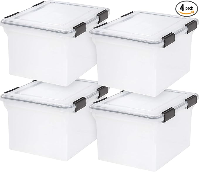 IRIS USA WeatherPro File Box Organizer, Letter/Legal, 32 Qt. 4-Pack, Clear | Organize important documents with water-resistant protection, secure latches, and stackable design for home or office storage by IRISUSA