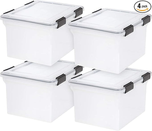 IRIS USA WeatherPro File Box Organizer, Letter/Legal, 32 Qt. 4-Pack, Clear | Organize important documents with water-resistant protection, secure latches, and stackable design for home or office storage by IRISUSA