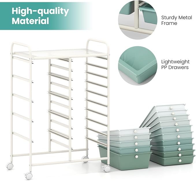 Giantex 15 Drawers Rolling Cart, Classroom Organizers, Storage Cart with Wheels, for Teacher Office Home School Supplies Tool Craft Art Paper, Green Gradient - Image 5