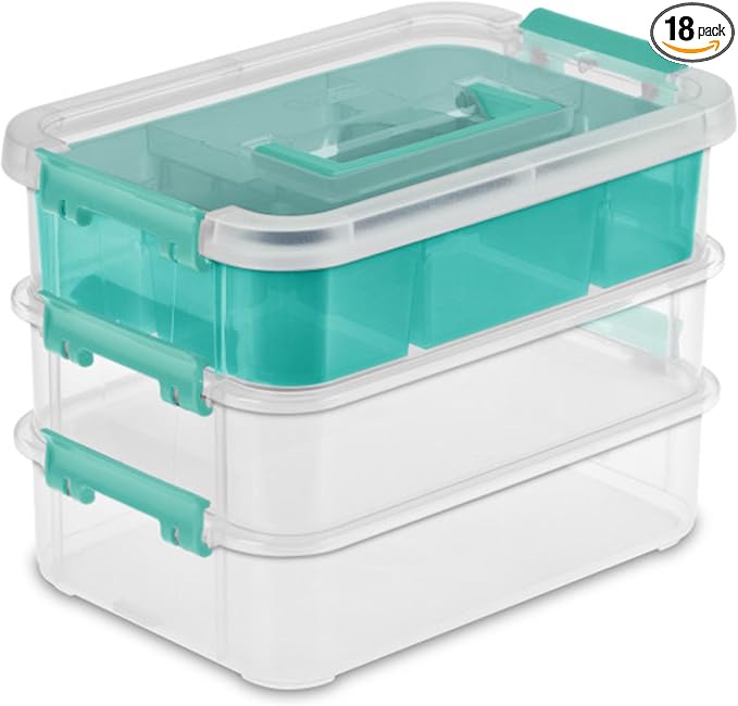 Sterilite 18 Pack Plastic Storage Box Container, 3 Layer, Stack and Carry, Clear/Blue by Sterilite