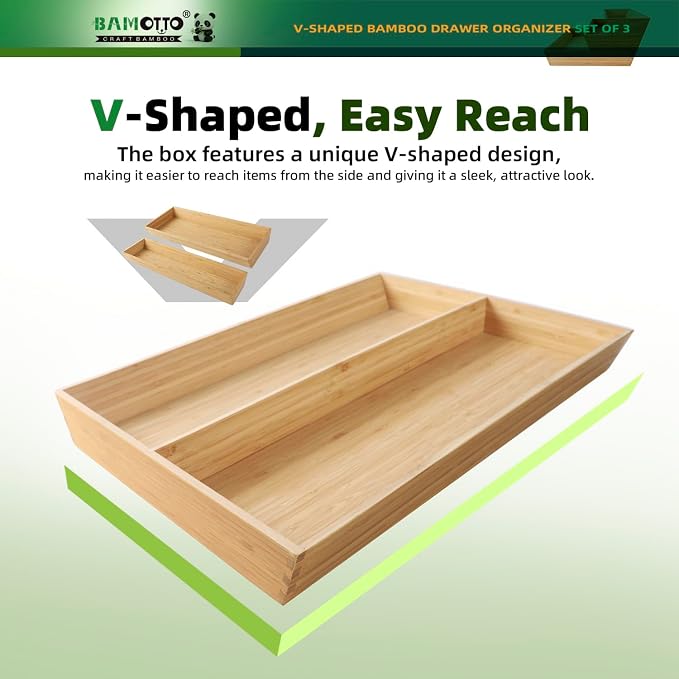 BAMOTTO CRAFTBAMBOO Large Long V-Shaped Bamboo Drawer Organizer Set of 3 | Silverware & Cutlery Tray | Flatware & Utensil | Kitchen & Bathroom | 19.6"×5.7" & 19.6"×7.8" & 19.6"×12.4" - Image 3